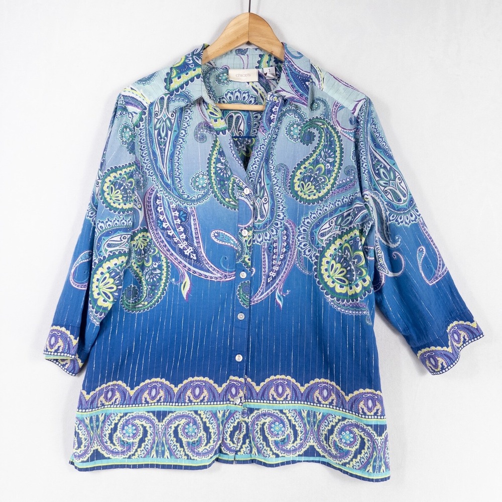 Chico's Shirt Womens Sz 1 US Medium Ombre Blue Paisley Silver Stripe Button Up